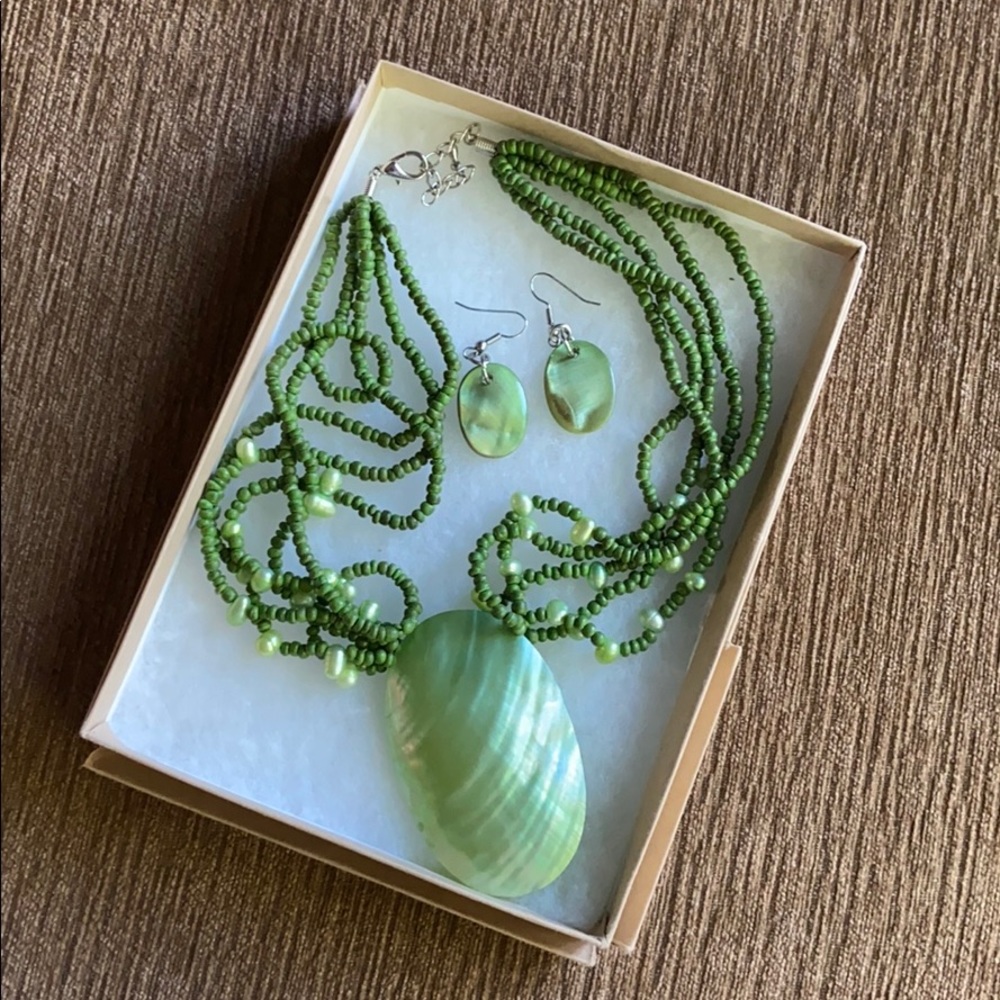 Green necklace and matching earrings set.